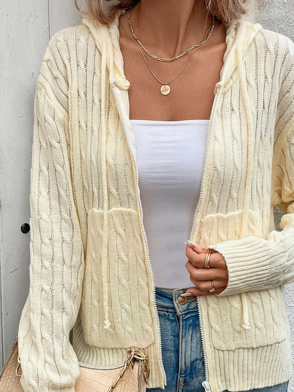 Plain Casual Zipper Loose Cardigan