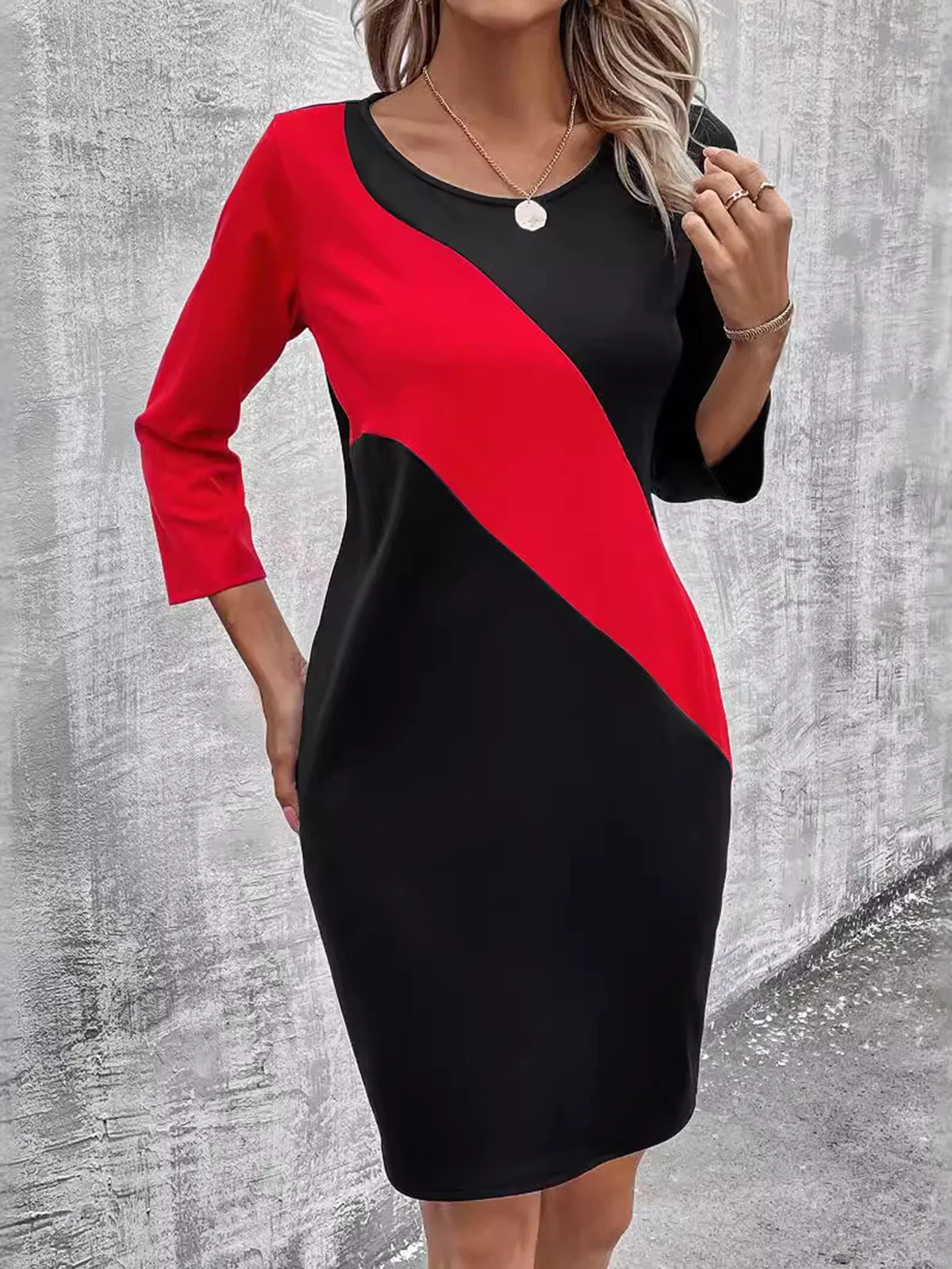 Women's Long Sleeve Spring/Fall Black Color Block Crew Neck Daily Going Out Casual Midi H-Line T-Shirt Dress