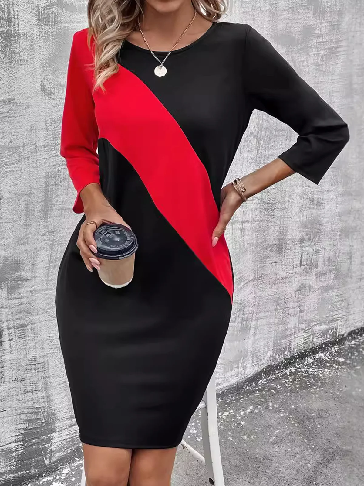 Women's Long Sleeve Spring/Fall Black Color Block Crew Neck Daily Going Out Casual Midi H-Line T-Shirt Dress