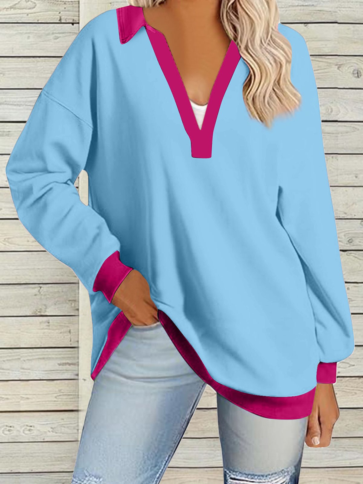 Women's Long Sleeve Blouse Spring/Fall Aqua Color Block V Neck Daily Going Out Casual Top