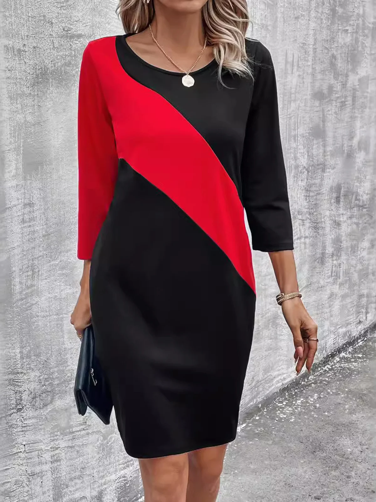 Women's Long Sleeve Spring/Fall Black Color Block Crew Neck Daily Going Out Casual Midi H-Line T-Shirt Dress