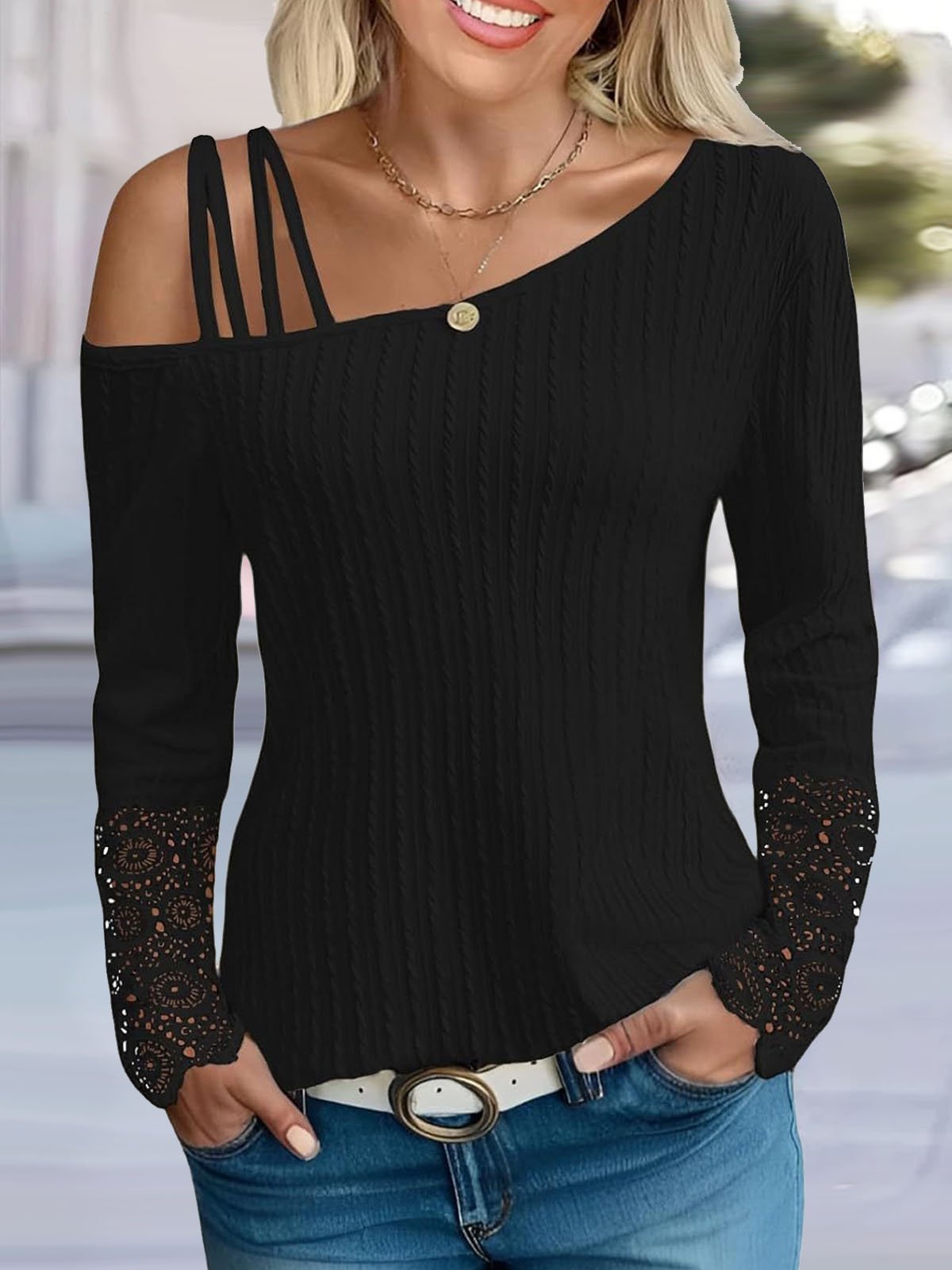 Lace Casual Loose Asymmetrical Collar Blouse