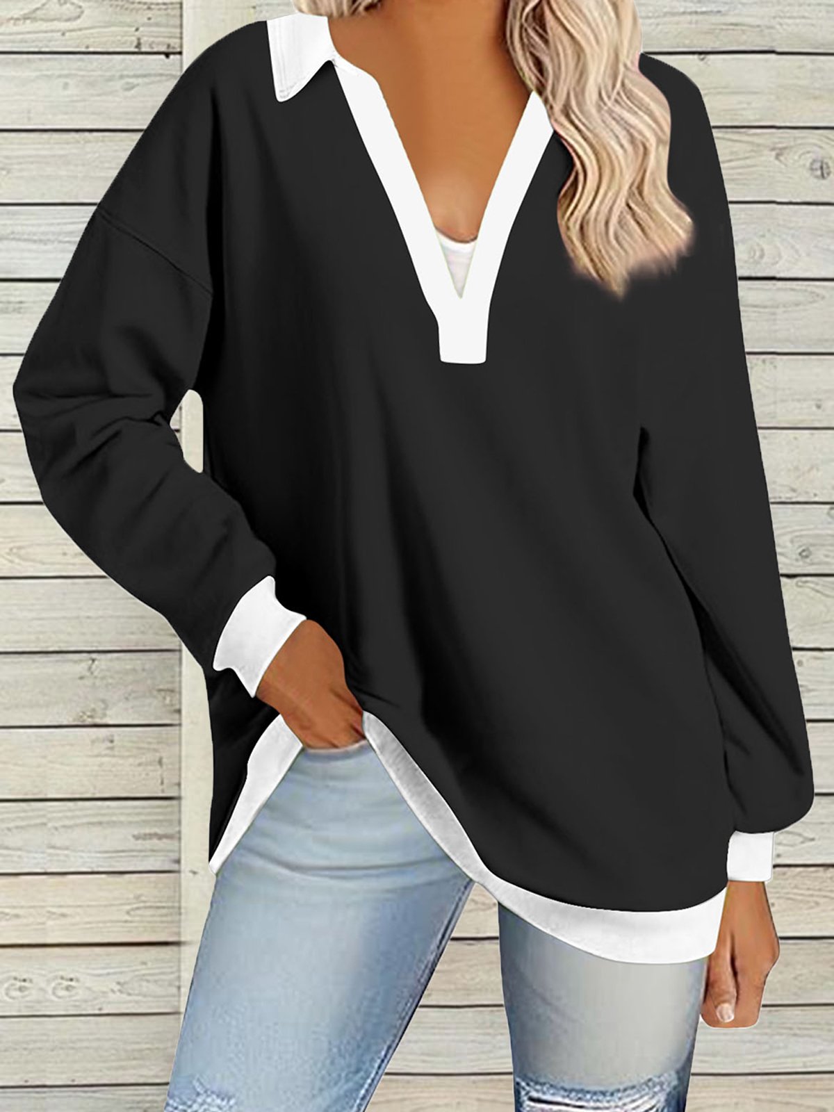 Women's Long Sleeve Blouse Spring/Fall Aqua Color Block V Neck Daily Going Out Casual Top