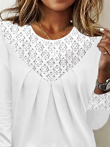 Crew Neck Casual Cotton Lace Blouse