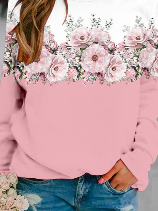 Crew Neck Casual Loose Floral Sweatshirt