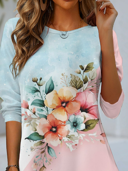 Women's Long Sleeve T-shirt Spring/Fall Pink Floral Jersey Crew Neck Daily Going Out Casual Top