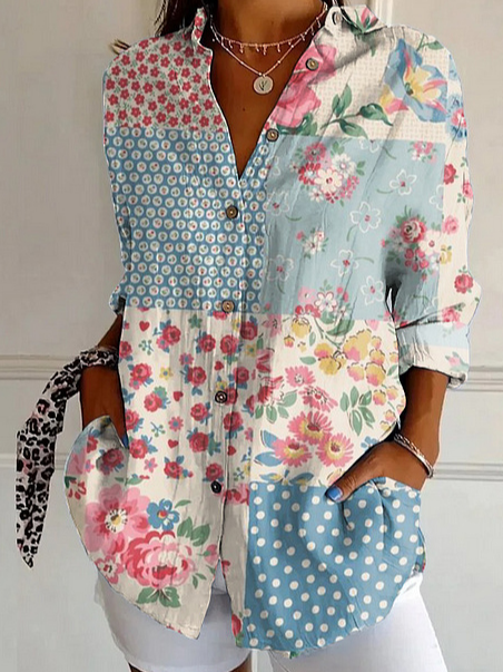 Casual Floral Shirt Collar Loose Shirt