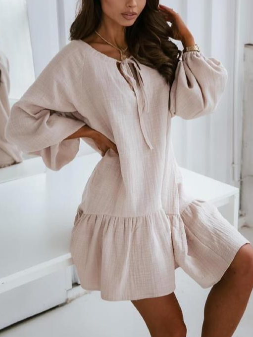 Casual V Neck Plain Cotton Dress With No