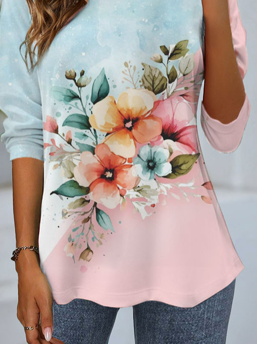 Women's Long Sleeve T-shirt Spring/Fall Pink Floral Jersey Crew Neck Daily Going Out Casual Top