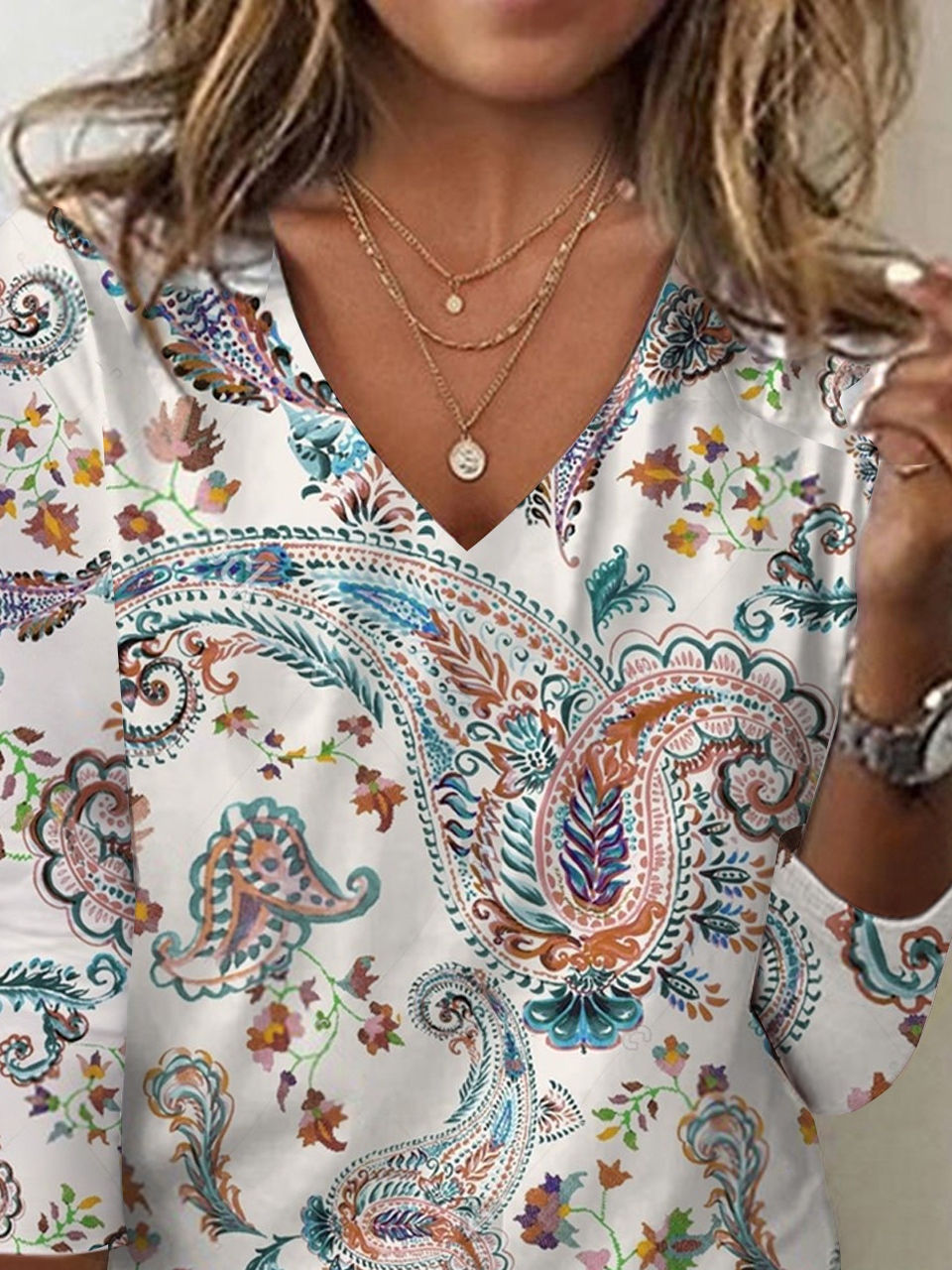 Women's Long Sleeve T-shirt Spring/Fall White Paisley Jersey V Neck Daily Going Out Casual Top