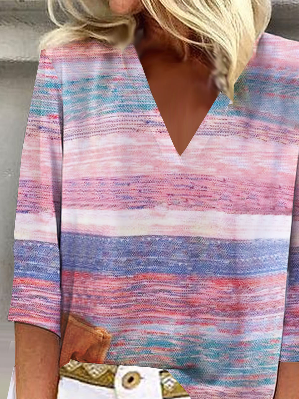 Multi colored striped printed V-neck top