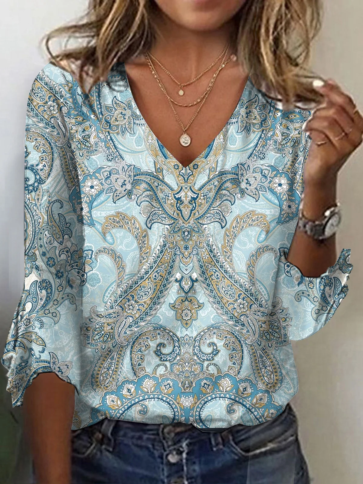 Women's Three Quarter Sleeve T-shirt Spring/Fall Green Paisley Jersey V Neck Daily Going Out Casual Top