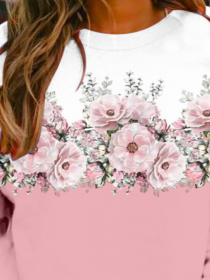 Crew Neck Casual Loose Floral Sweatshirt