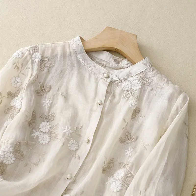 Embroidery Patterns Stand Collar Loose Shirt