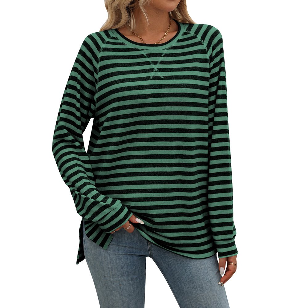 Women's Long Sleeve Blouse Spring/Fall Black Striped Crew Neck Daily Going Out Casual Top