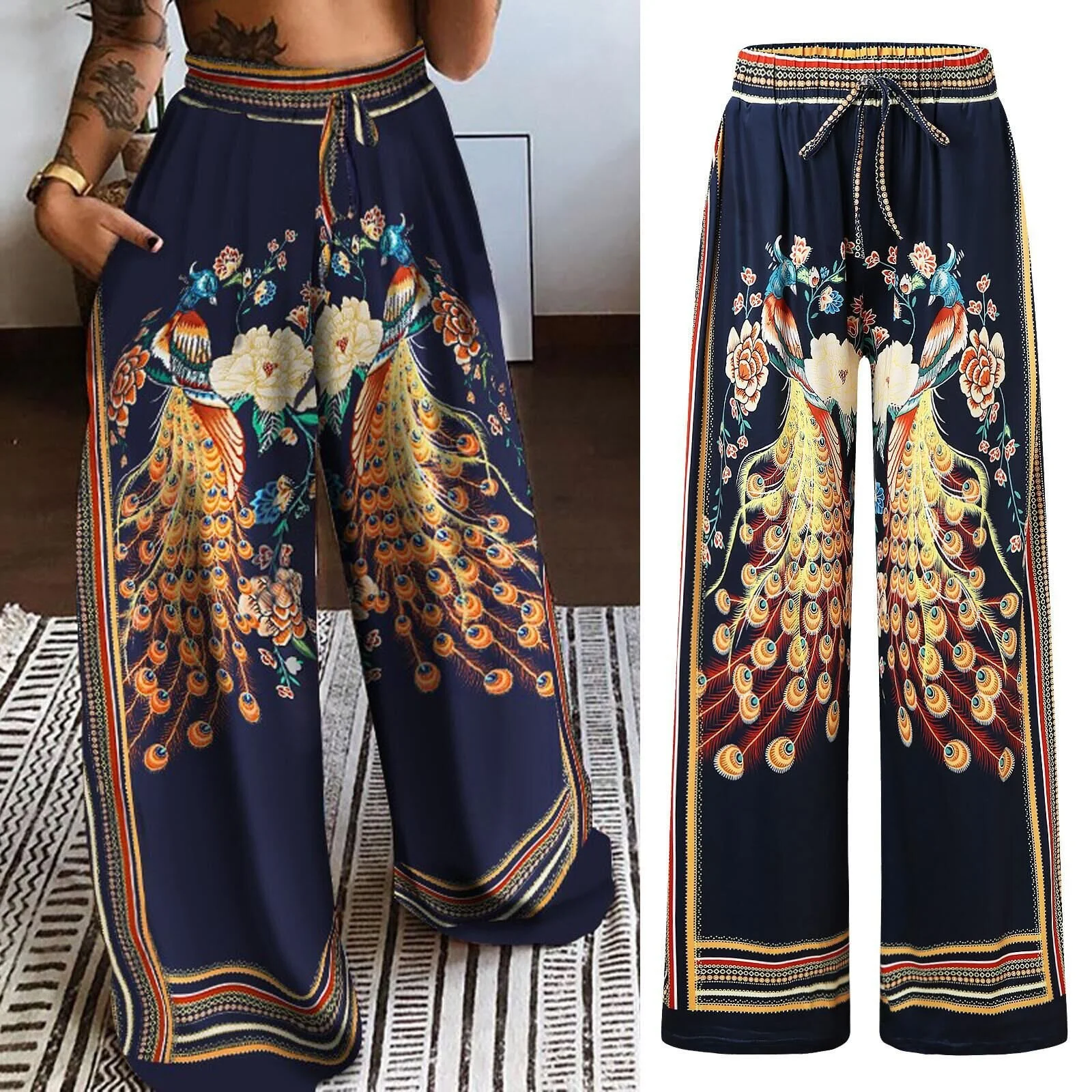 Women's  H-Line Straight Pants Daily Going Out Pants Deep Blue Casual Bird Spring/Fall Pants