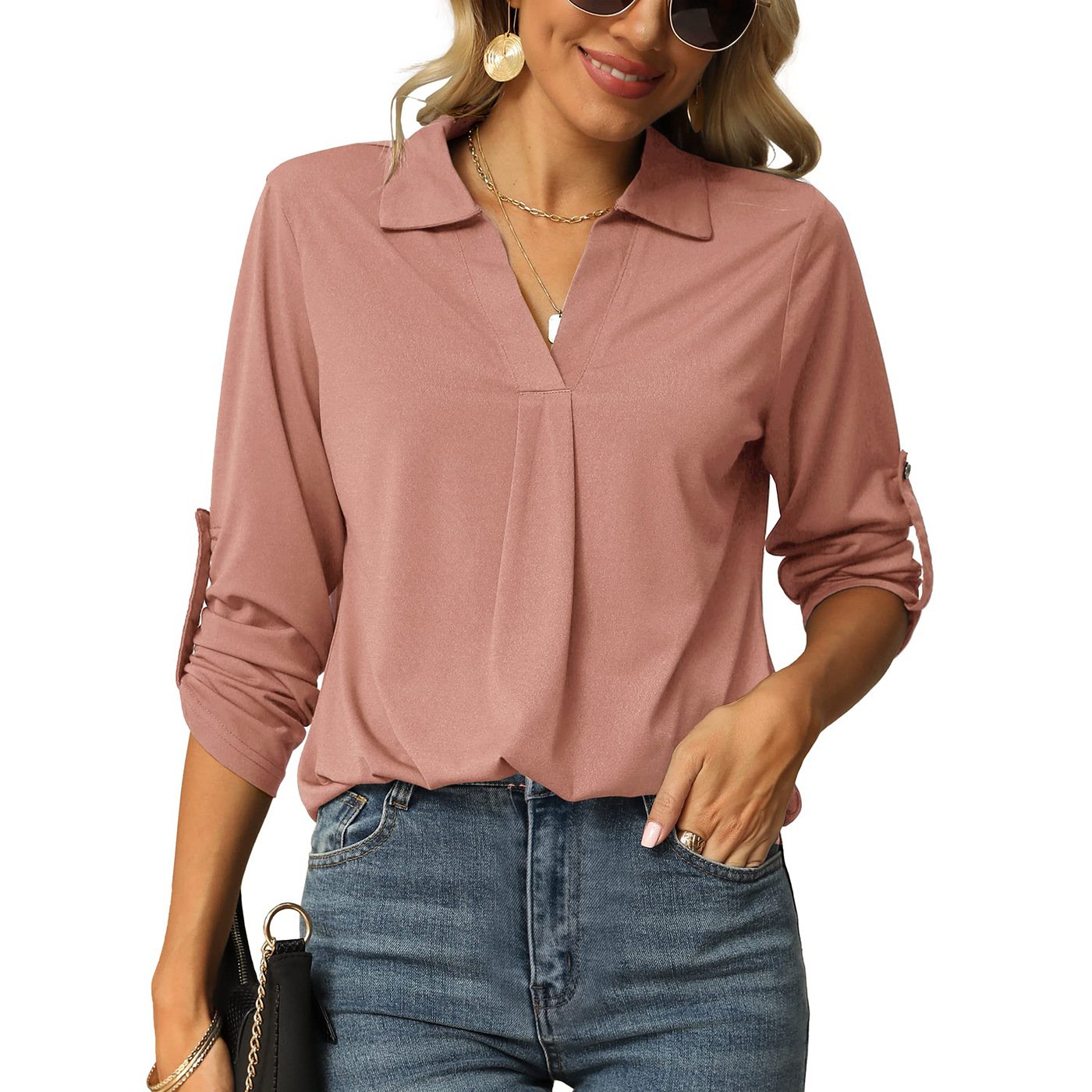 Women's Long Sleeve Blouse Spring/Fall Pink Plain Shirt Collar Daily Going Out Casual Top