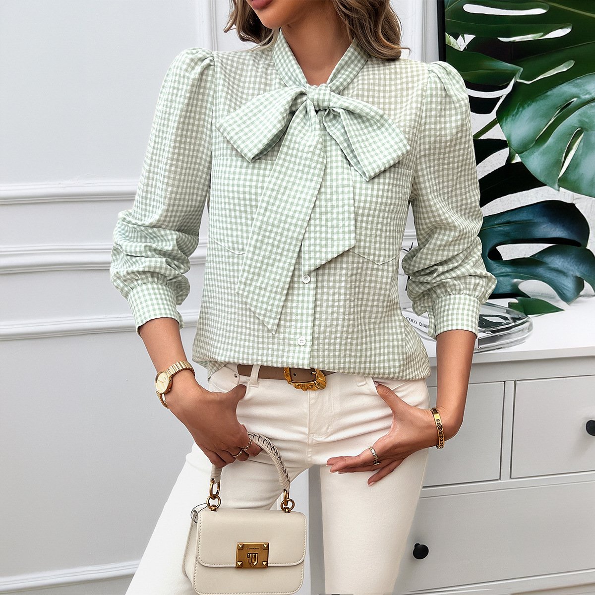 Women's Long Sleeve Shirt Spring/Fall Lightgreen Plaid Bow Shirt Collar Daily Going Out Casual Top