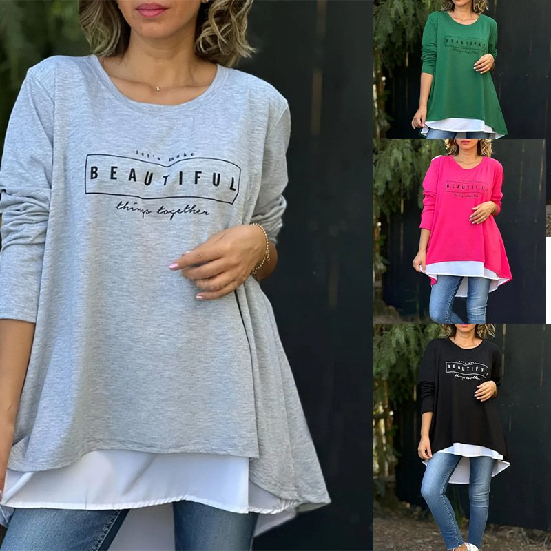 Women's Long Sleeve Blouse Spring/Fall Light Gray Text Letters Asymmetrical Daily Going Out Casual Top