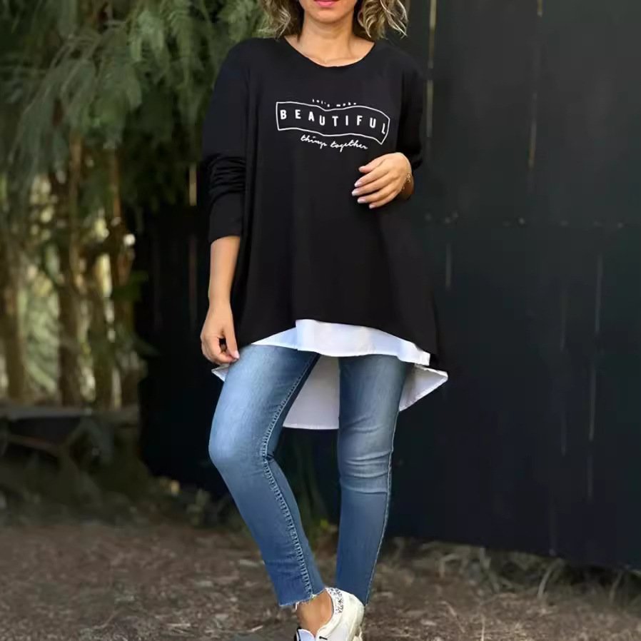 Women's Long Sleeve Blouse Spring/Fall Light Gray Text Letters Asymmetrical Daily Going Out Casual Top