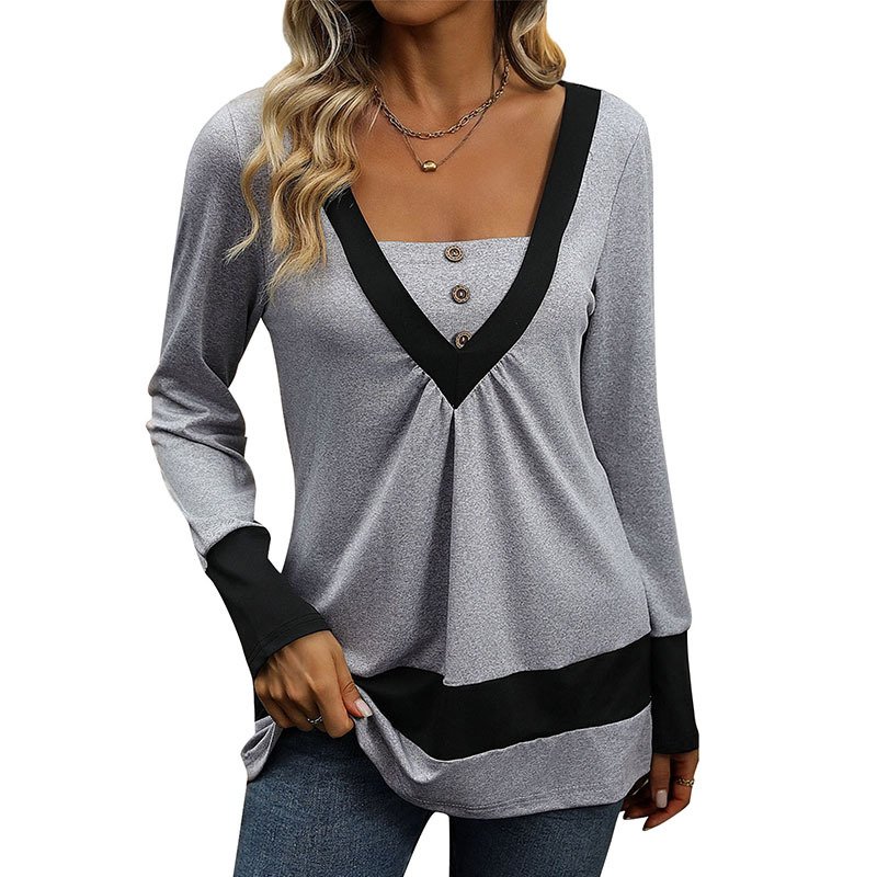 Women's Blouse Summer Light Gray Contrast Stitching V Neck Daily Going Out Casual Top