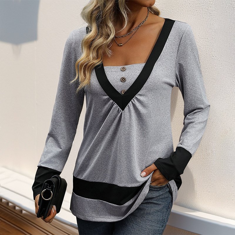 Women's Blouse Summer Light Gray Contrast Stitching V Neck Daily Going Out Casual Top