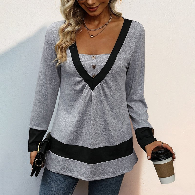 Women's Blouse Summer Light Gray Contrast Stitching V Neck Daily Going Out Casual Top