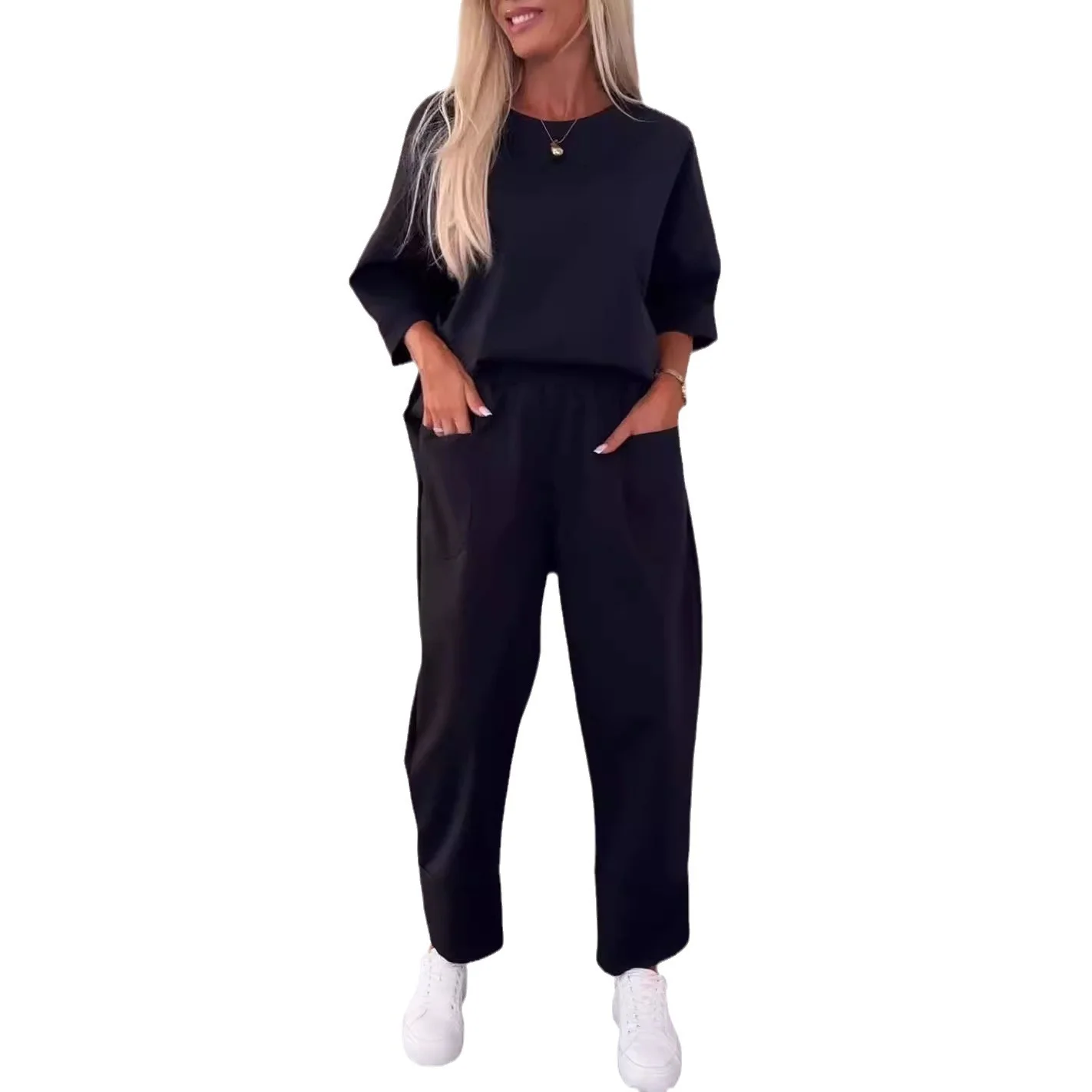 Women's Plain Daily Going Out Two-Piece Set Black Casual Spring/Fall Top With Pants Matching Set