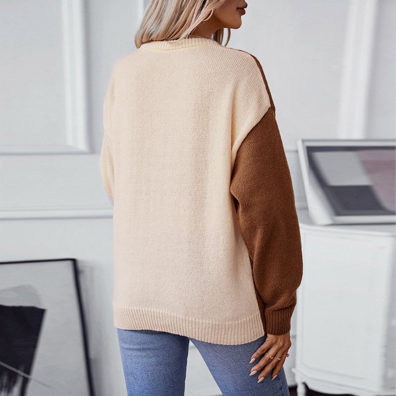 Loose Casual Crew Neck Color Block Sweater