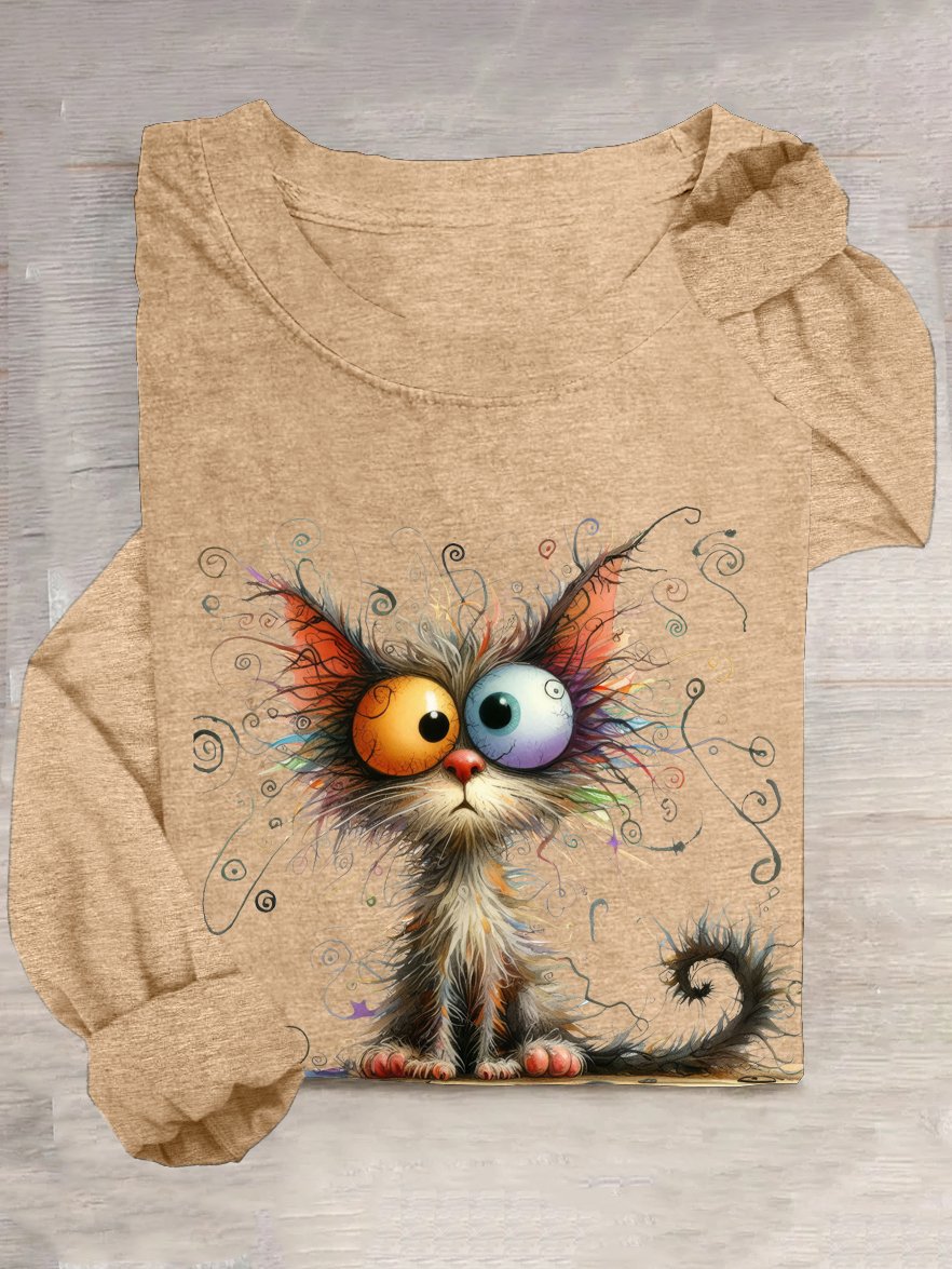 Casual Cotton-Blend Cat T-Shirt