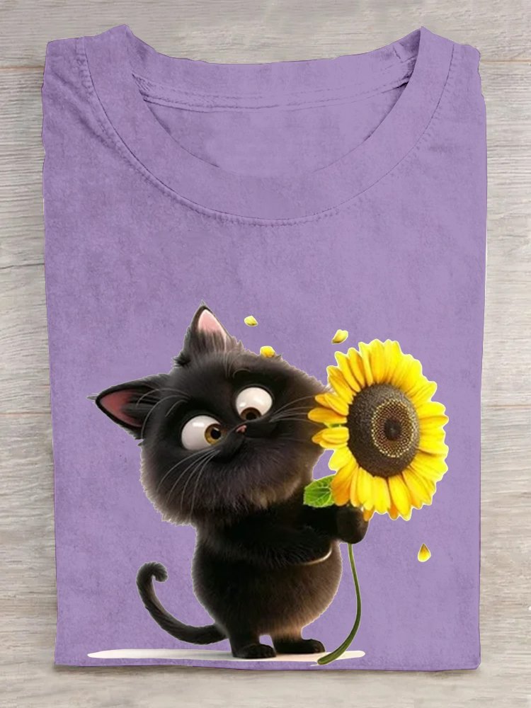 Loose Casual Cat Crew Neck T-Shirt