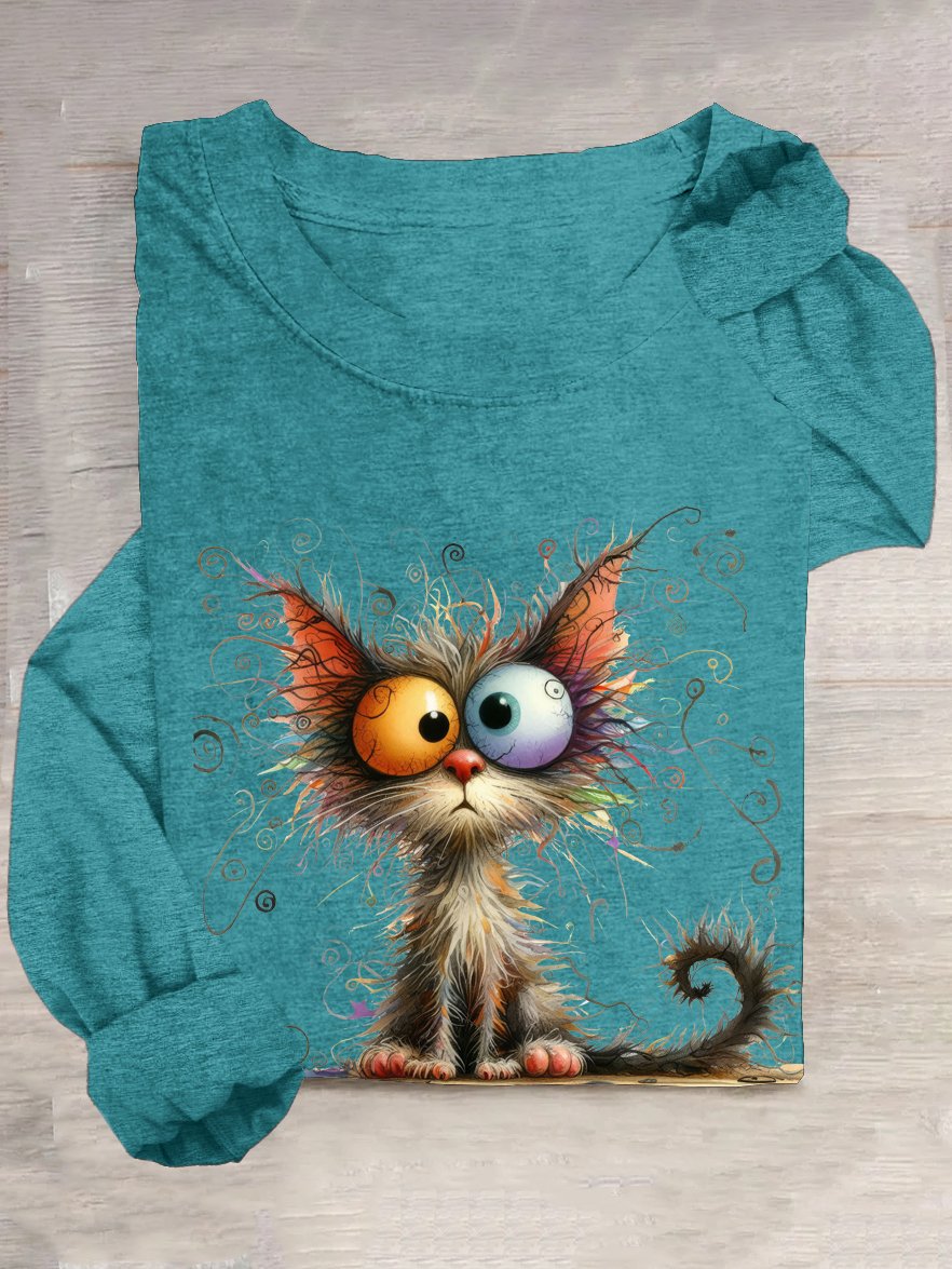 Casual Cotton-Blend Cat T-Shirt