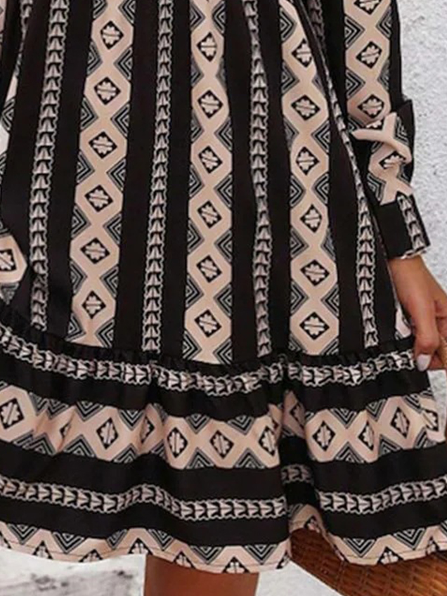 Women's Long Sleeve Spring/Fall Black Ethnic Printing V Neck Party Going Out Ethnic Midi A-Line Dress