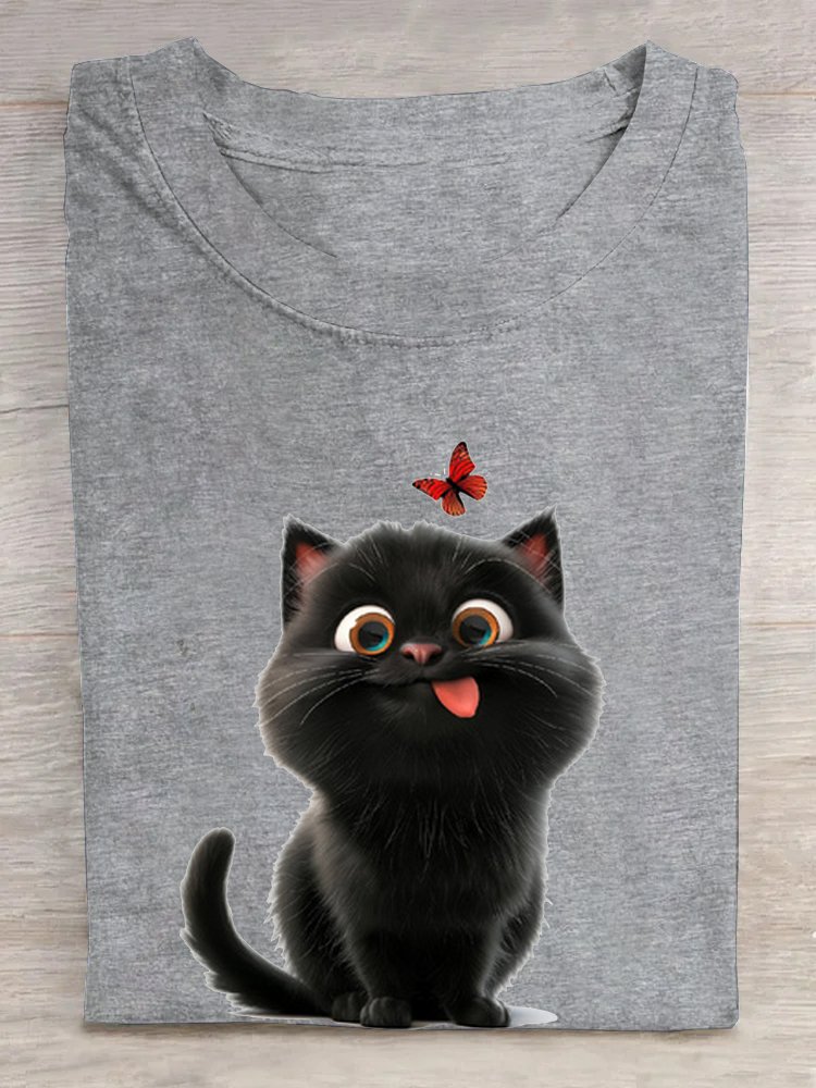 Crew Neck Loose Cat Casual T-Shirt