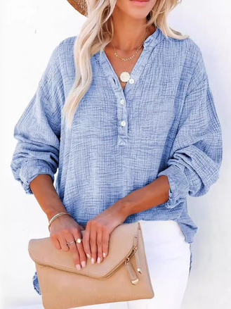 Women's Long Sleeve Shirt Spring/Fall Light Blue Plain Buckle V Neck Daily Going Out Casual Top