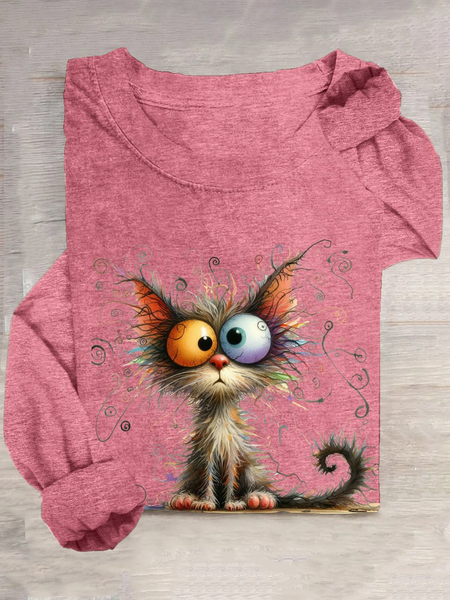 Casual Cotton-Blend Cat T-Shirt