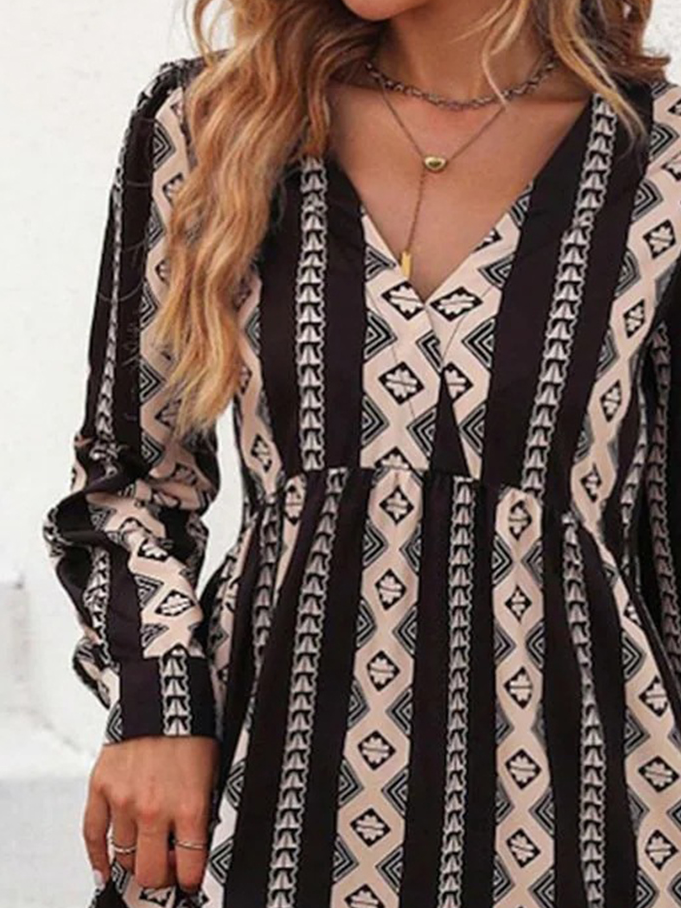 Women's Long Sleeve Spring/Fall Black Ethnic Printing V Neck Party Going Out Ethnic Midi A-Line Dress