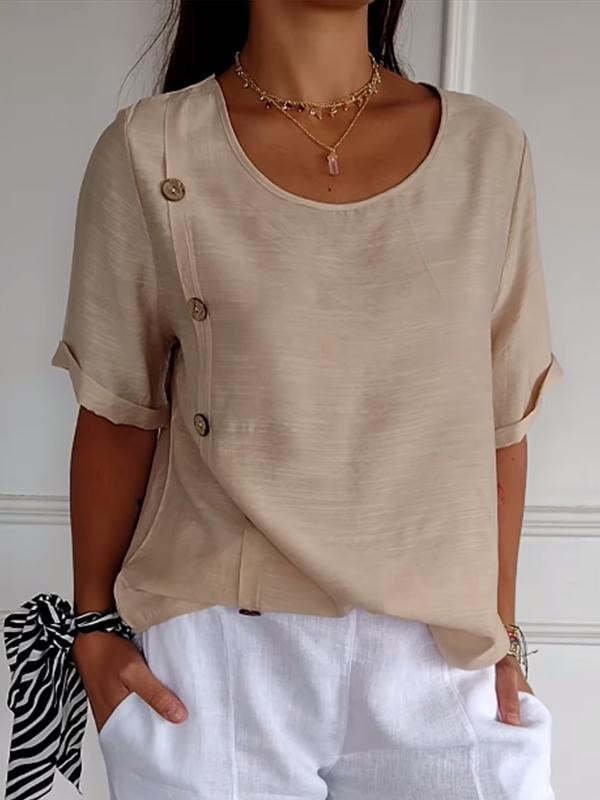 Women's Plain Buckle Cotton And Linen Crew Neck Casual Top