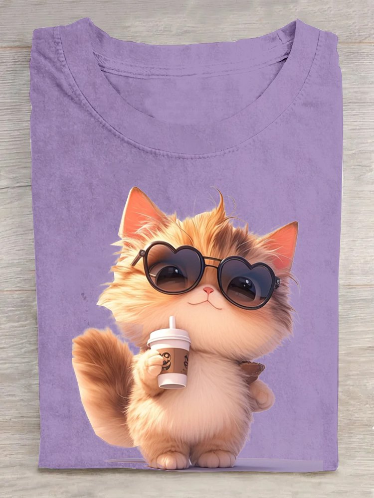 Crew Neck Cat Casual Cotton T-Shirt