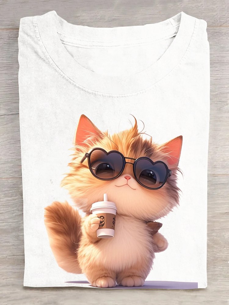 Crew Neck Cat Casual Cotton T-Shirt