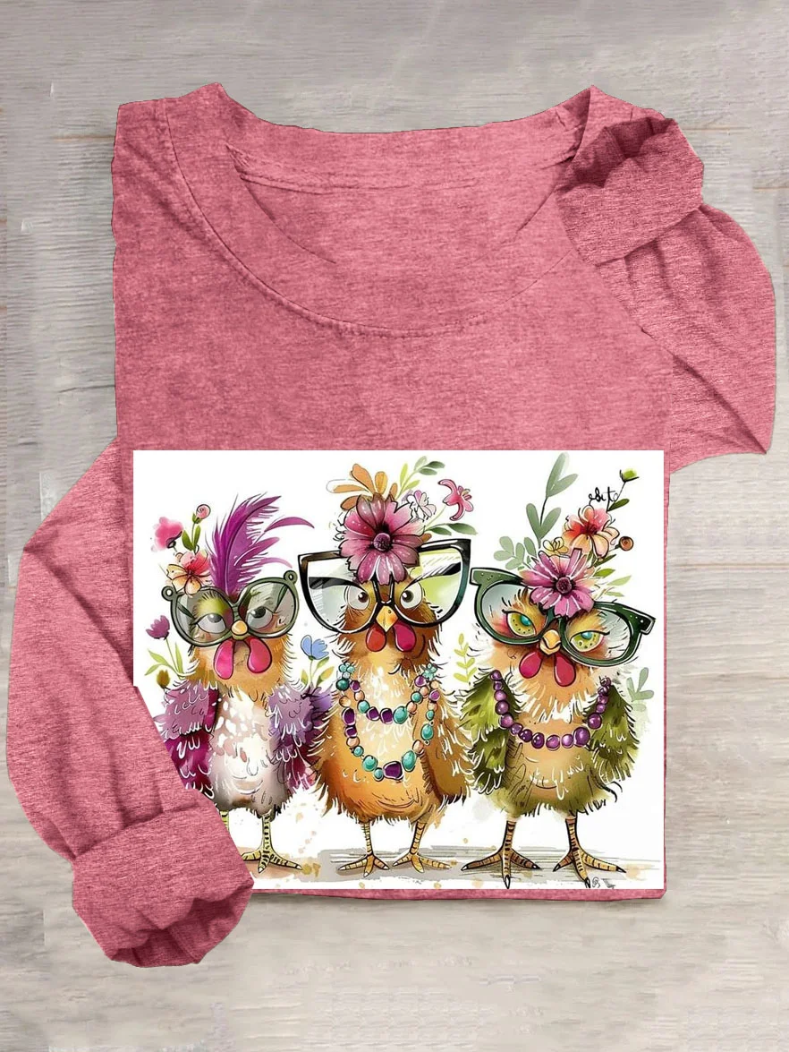 Funny Chicken Printed Casual Crew Neck Long Sleeve T-Shirt