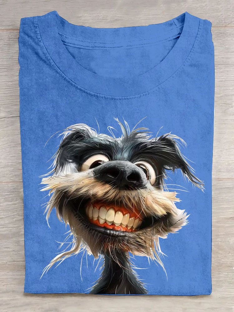 Funny Toothed Dog Printed Round Neck T-shirt