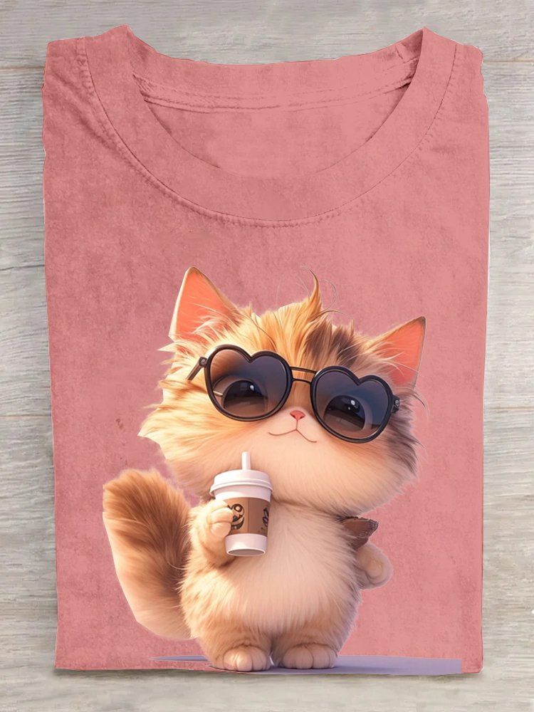 Crew Neck Cat Casual Cotton T-Shirt