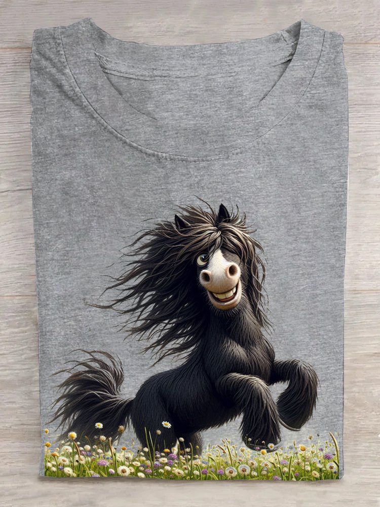 Cotton Casual Horse Crew Neck T-Shirt