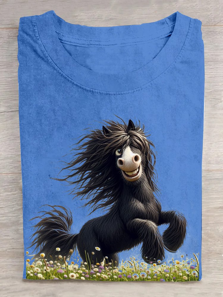 Cotton Casual Horse Crew Neck T-Shirt