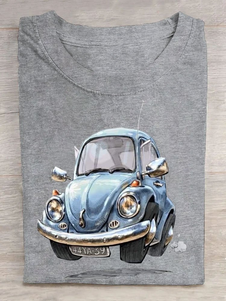 Fun car printed round neck T-shirt