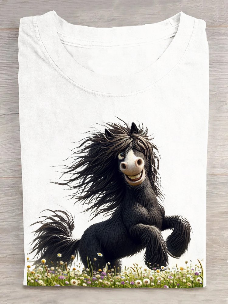 Cotton Casual Horse Crew Neck T-Shirt