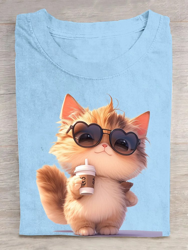 Crew Neck Cat Casual Cotton T-Shirt