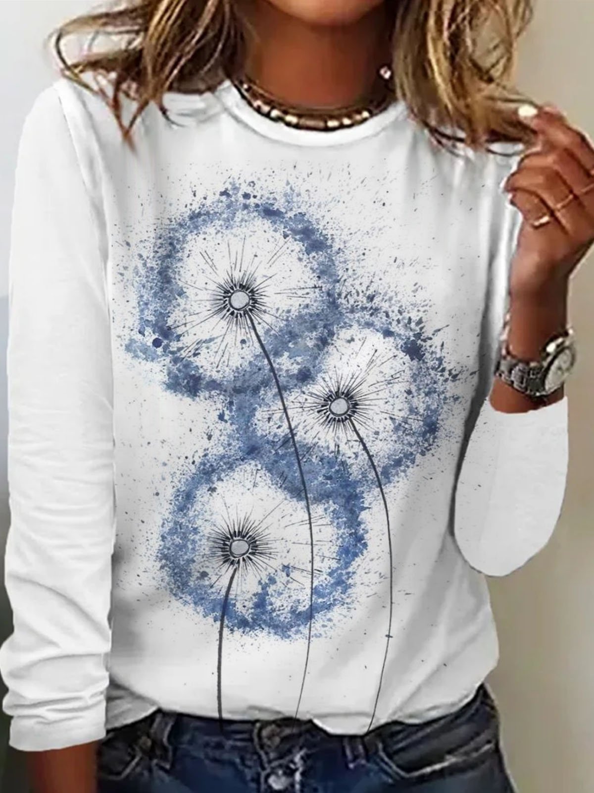 Dandelion print round neck long sleeved T-shirt