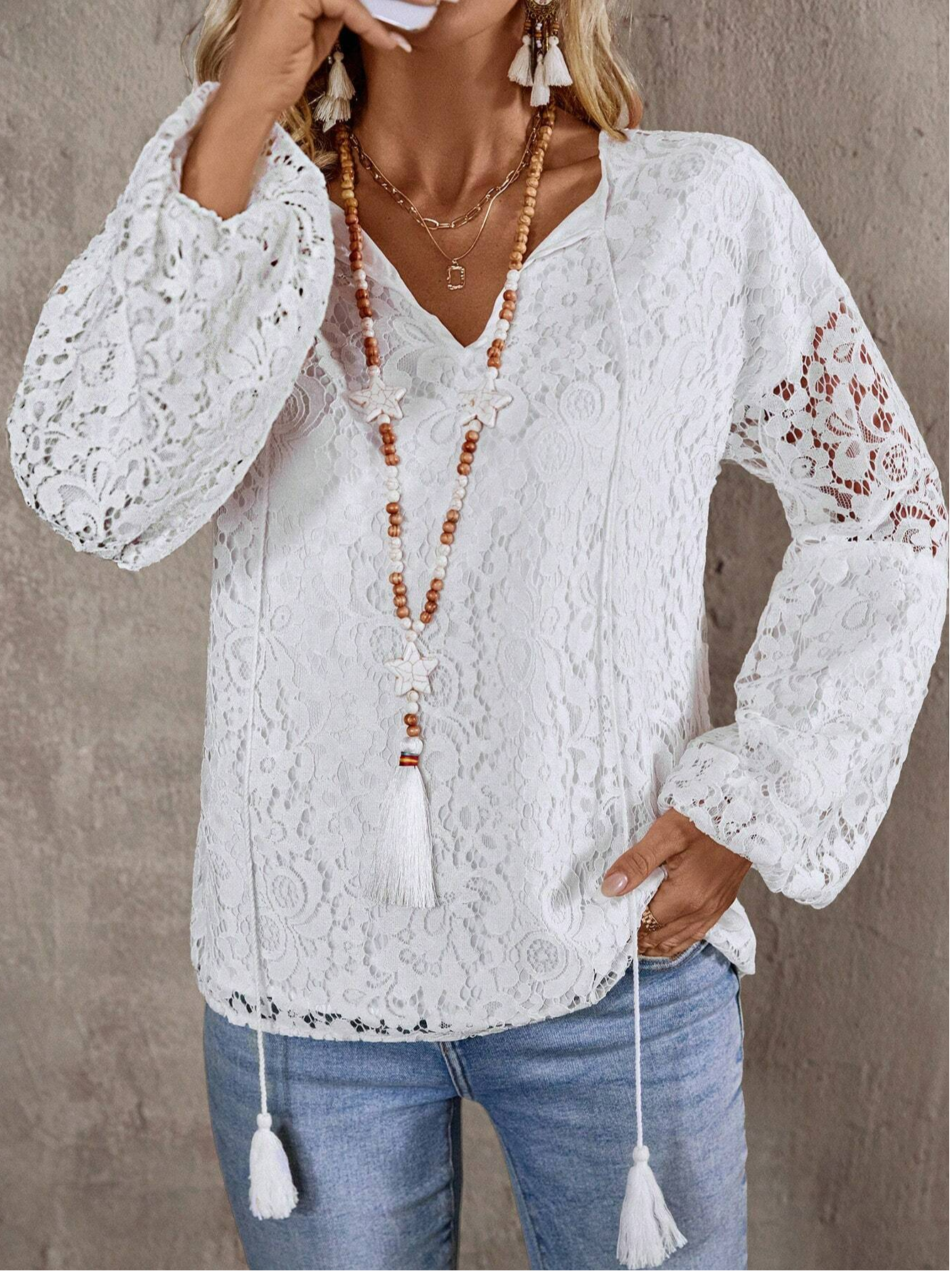 Women's Long Sleeve Blouse Spring/Fall White Plain Lace V Neck Daily Going Out Casual Top